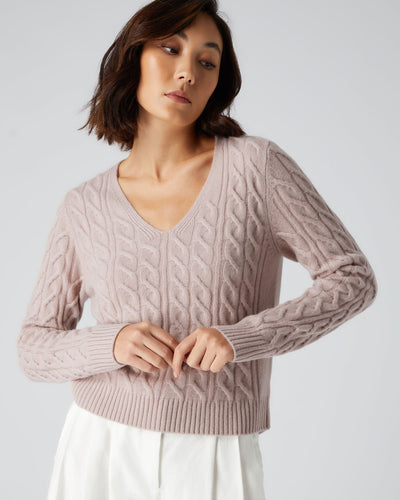 N.Peal Women's V Neck Cable Cashmere Jumper Canvas Pink