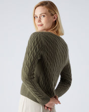 Load image into Gallery viewer, N.Peal Women&#39;s V Neck Cable Cashmere Jumper Khaki Green
