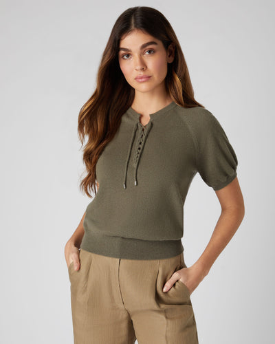 N.Peal Women's Lace Neck Cashmere T Shirt Khaki Green