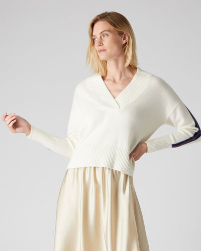 N.Peal Women's Jacquard Detail Deep V Neck Cashmere Jumper New Ivory White