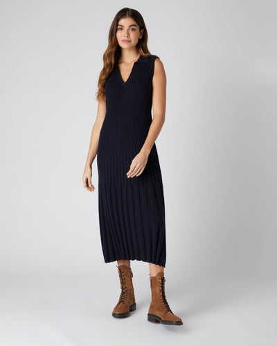N.Peal Women's Collared Rib Cashmere Dress Navy Blue