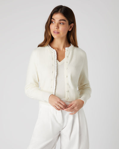 N.Peal Women's Ruffle Trim Cropped Cashmere Cardigan New Ivory White