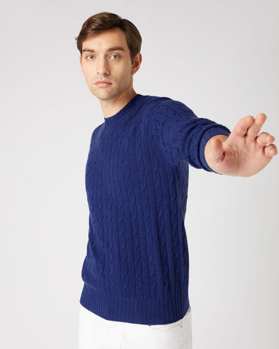 N.Peal Men's Thames Cable Round Neck Cashmere Jumper Sapphire Blue