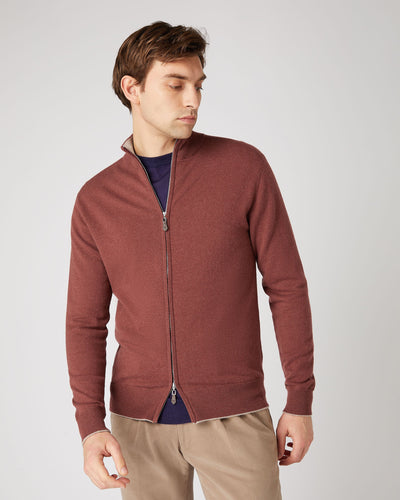 N.Peal Men's Knightsbridge Full Zip Cashmere Jumper Terracotta Brown