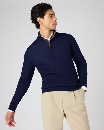 N.Peal Men's Regent Fine Gauge Cashmere Half Zip Jumper Prussian Blue