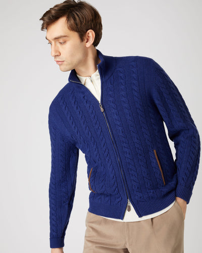 N.Peal Men's Richmond Cable Cashmere Cardigan Sapphire Blue