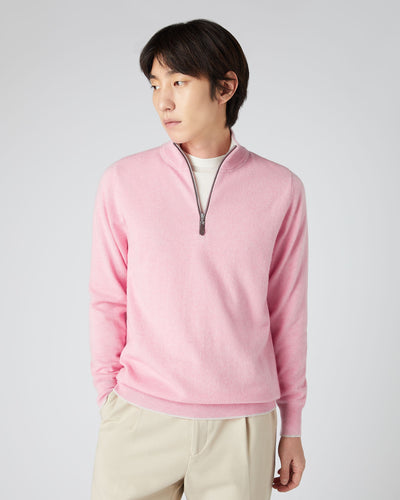 N.Peal Men's Carnaby Half Zip Cashmere Jumper Flamingo Pink