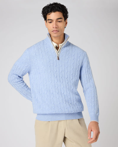 N.Peal Men's Albemarle Cable Half Zip Cashmere Jumper Cornflower Blue