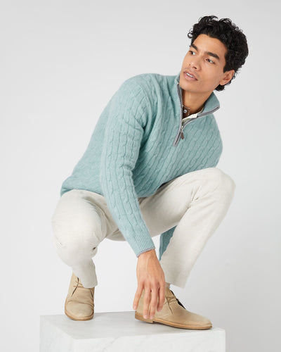 N.Peal Men's Albemarle Cable Half Zip Cashmere Jumper Oasis Green
