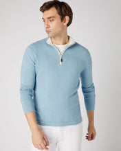 Load image into Gallery viewer, N.Peal Men's Salcombe Half Zip Cotton Cashmere Jumper Cornflower Blue
