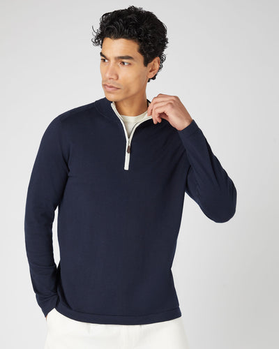 N.Peal Men's Salcombe Half Zip Cotton Cashmere Jumper Navy Blue