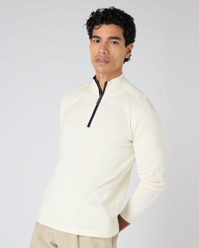 N.Peal Men's Salcombe Half Zip Cotton Cashmere Jumper New Ivory White