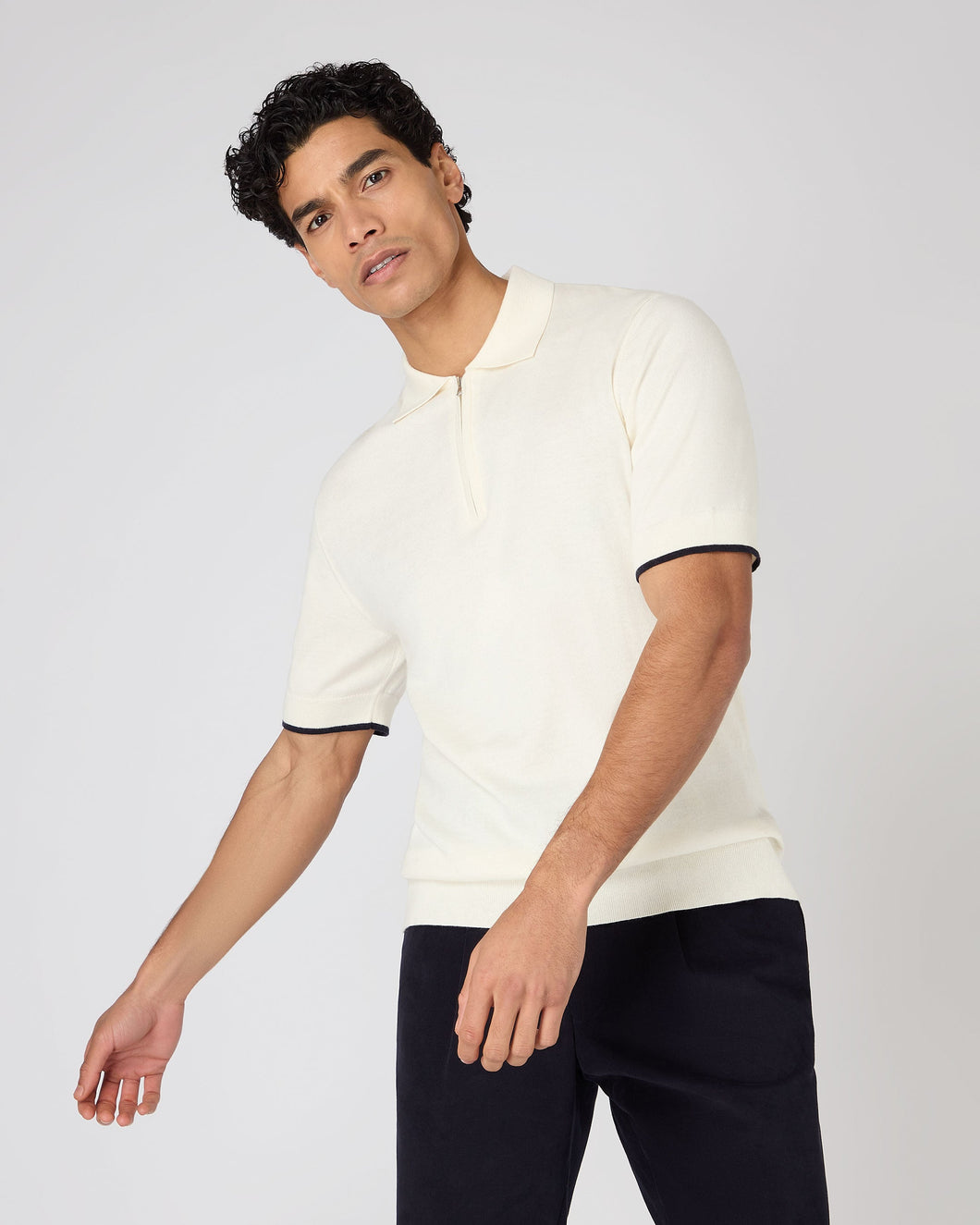 N.Peal Men's Polo Zip Cotton Cashmere T-Shirt New Ivory White