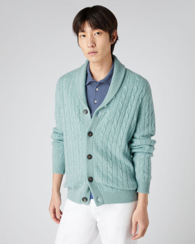N.Peal Men's Garrick Shawl Cable Cashmere Cardigan Oasis Green
