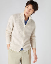 Load image into Gallery viewer, N.Peal Men&#39;s Contrast Cable Full Zip Cashmere Jumper Ecru White
