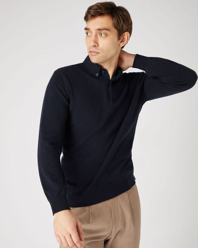 N.Peal Men's Relaxed Polo Cashmere Shirt Navy Blue