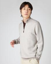 Load image into Gallery viewer, N.Peal Men&#39;s Diagonal Stripe Half Zip Cashmere Jumper Sand Brown
