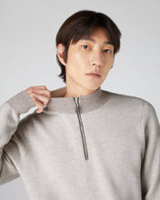 Load image into Gallery viewer, N.Peal Men&#39;s Diagonal Stripe Half Zip Cashmere Jumper Sand Brown
