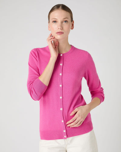 N.Peal Women's Olivia Round Neck Cashmere Cardigan Vibrant Pink