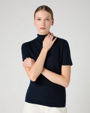 Load image into Gallery viewer, N.Peal Women&#39;s Rosie Superfine Cashmere Mock Neck T-Shirt Navy Blue
