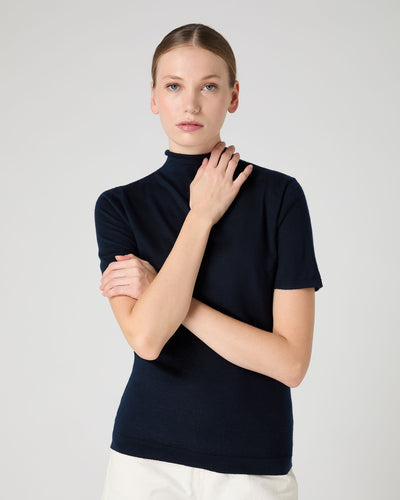 N.Peal Women's Rosie Superfine Cashmere Mock Neck T-Shirt Navy Blue