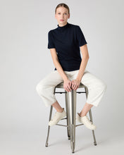Load image into Gallery viewer, N.Peal Women&#39;s Rosie Superfine Cashmere Mock Neck T-Shirt Navy Blue
