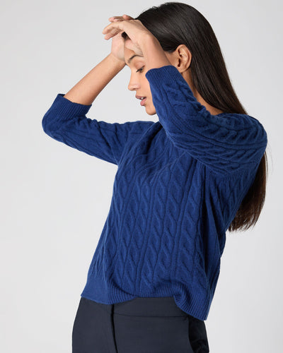 N.Peal Women's Emilia Cable Round Neck Cashmere Jumper French Blue