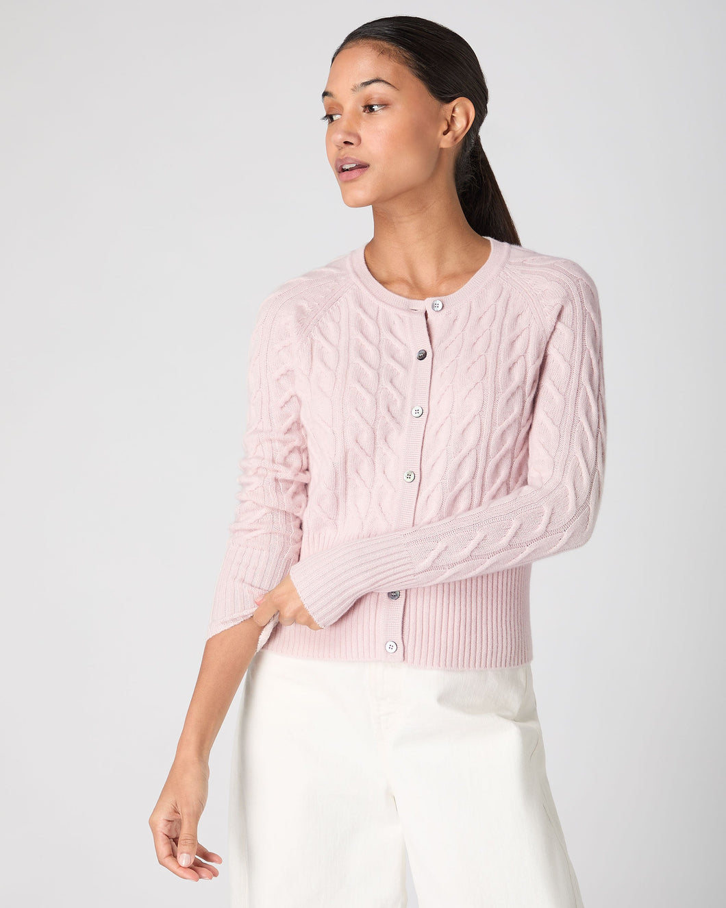 N.Peal Women's Myla Cable Cashmere Cardigan Quartz Pink