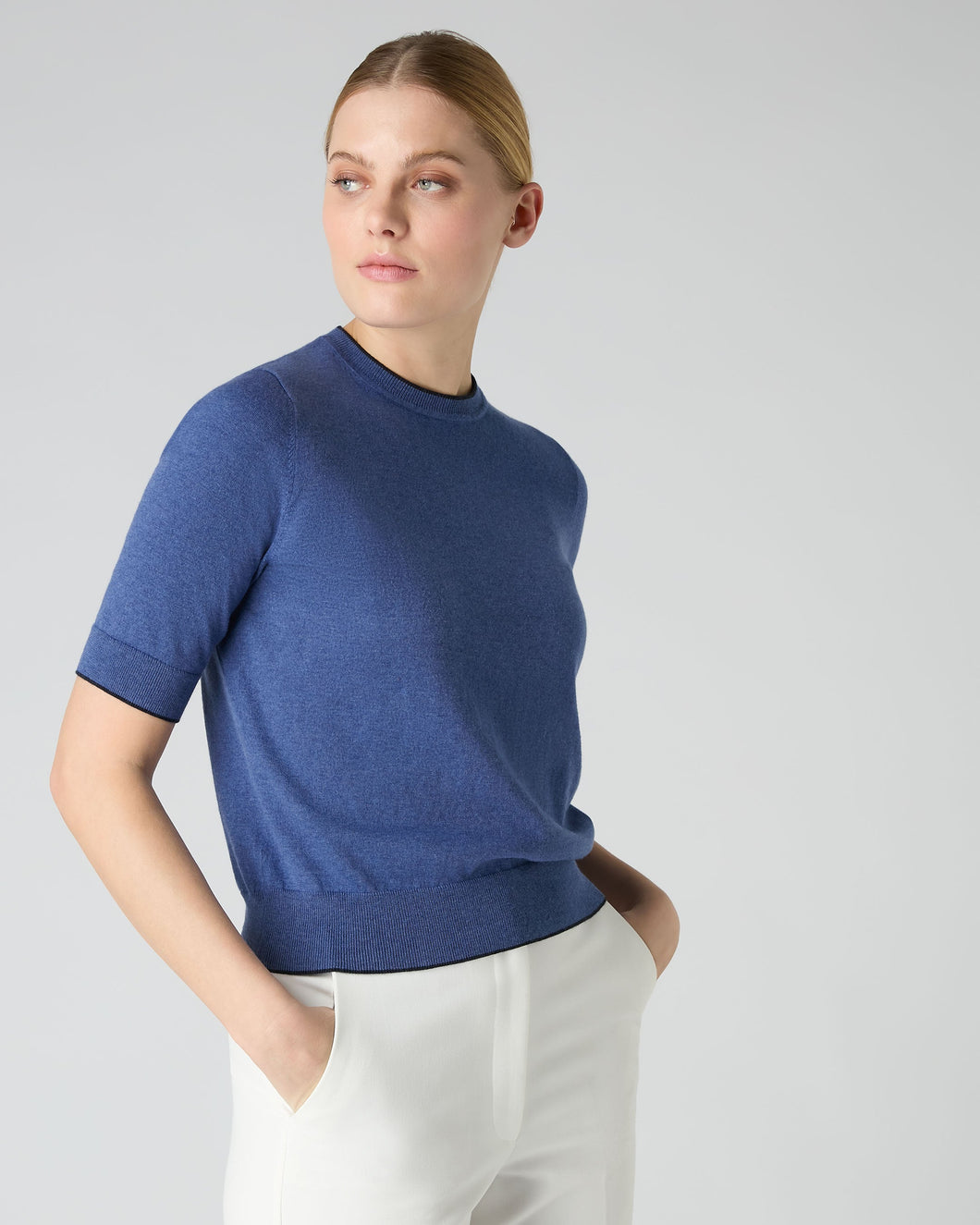 N.Peal Women's Cotton Cashmere T-Shirt Denim Blue