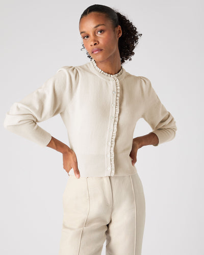 N.Peal Women's Ruffle Trim Cashmere Cardigan Almond White