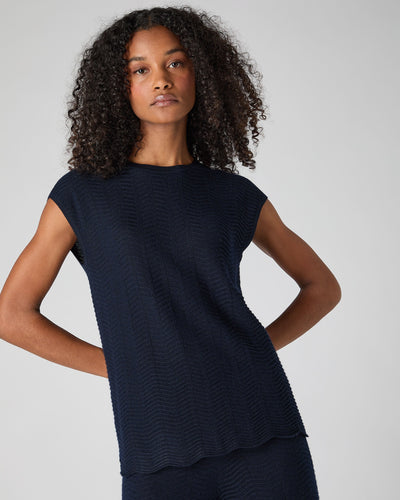 N.Peal Women's Wave Stitch Cashmere Silk Top Navy Blue