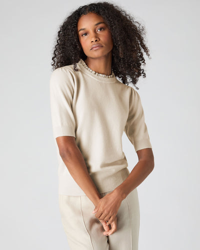 N.Peal Women's Ruffle Trim Cashmere T-Shirt Almond White