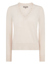 Load image into Gallery viewer, N.Peal Women&#39;s Ruffle Trim V Neck Cashmere Jumper Almond White
