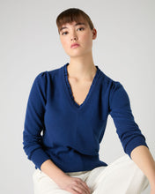 Load image into Gallery viewer, N.Peal Women&#39;s Ruffle Trim V Neck Cashmere Jumper French Blue
