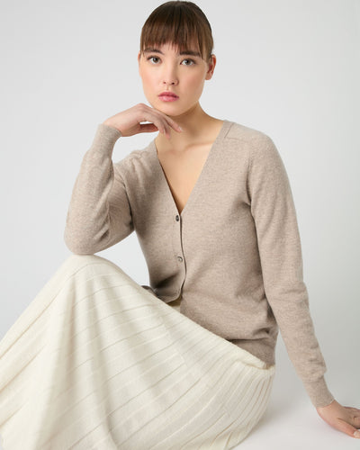 N.Peal Women's Lara V Neck Cashmere Cardigan Oatmeal Brown