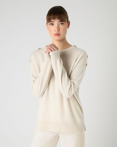 N.Peal Women's Button Shoulder Round Neck Cashmere Jumper Ecru White