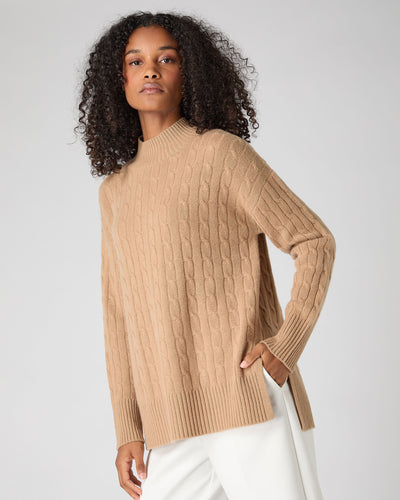 N.Peal Women's Esme Cable Mock Neck Cashmere Jumper Sahara Brown