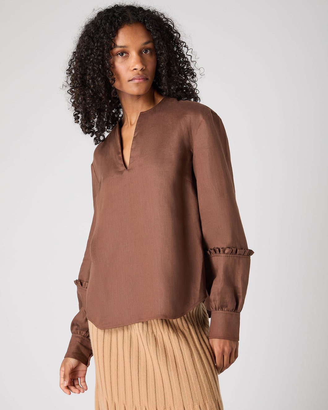 N.Peal Women's Sienna Linen Top Tan Brown