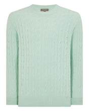 Load image into Gallery viewer, N.Peal Men's Thames Cable Round Neck Cashmere Jumper Dusty Teal Green
