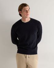 Load image into Gallery viewer, Men's Thames Cable Round Neck Cashmere Jumper Navy
