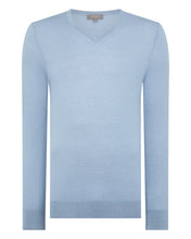 Load image into Gallery viewer, N.Peal Men's Conduit Fine Gauge Cashmere V Neck Jumper Cornflower Blue
