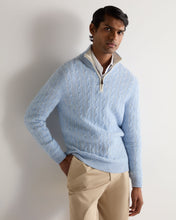 Load image into Gallery viewer, N.Peal Men's Two Tone Cable Half Zip Cashmere Jumper Cornflower Blue
