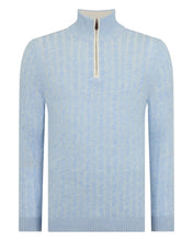 Load image into Gallery viewer, N.Peal Men's Two Tone Cable Half Zip Cashmere Jumper Cornflower Blue
