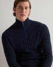 Load image into Gallery viewer, N.Peal Men's Albemarle Cable Half Zip Cashmere Jumper Indigo Blue
