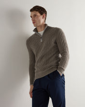 Load image into Gallery viewer, N.Peal Men's Albemarle Cable Half Zip Cashmere Jumper Vintage Khaki Green
