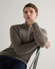 Load image into Gallery viewer, N.Peal Men's Albemarle Cable Half Zip Cashmere Jumper Vintage Khaki Green
