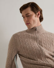 Load image into Gallery viewer, N.Peal Men's Contrast Cable Full Zip Cashmere Jumper Oatmeal Brown
