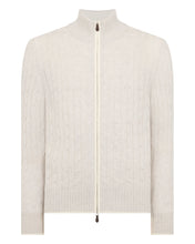 Load image into Gallery viewer, N.Peal Men's Contrast Cable Full Zip Cashmere Jumper Pebble Grey
