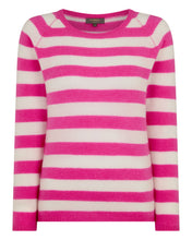 Load image into Gallery viewer, Gauzy Striped Round Neck Sweater Vibrant Pink + New ivory
