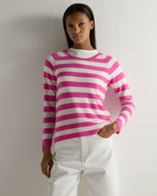 Load image into Gallery viewer, Gauzy Striped Round Neck Sweater Vibrant Pink + New ivory
